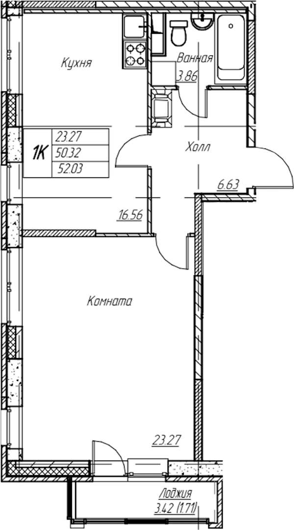 1-комнатная квартира 52.03 м², 18/22 эт., ЖК «Парк-квартал Юнтолово»